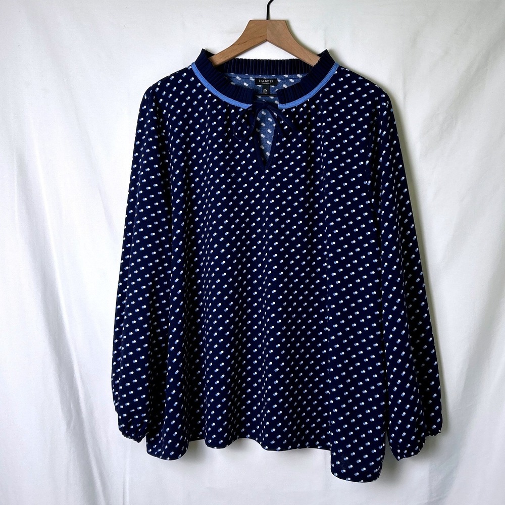 Talbots Women Plus Petite Polka Dot Pleated Keyhole Blouse 3XP Navy Blue